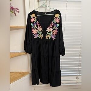 Cato Black Dress with Colorful Floral Embroidery